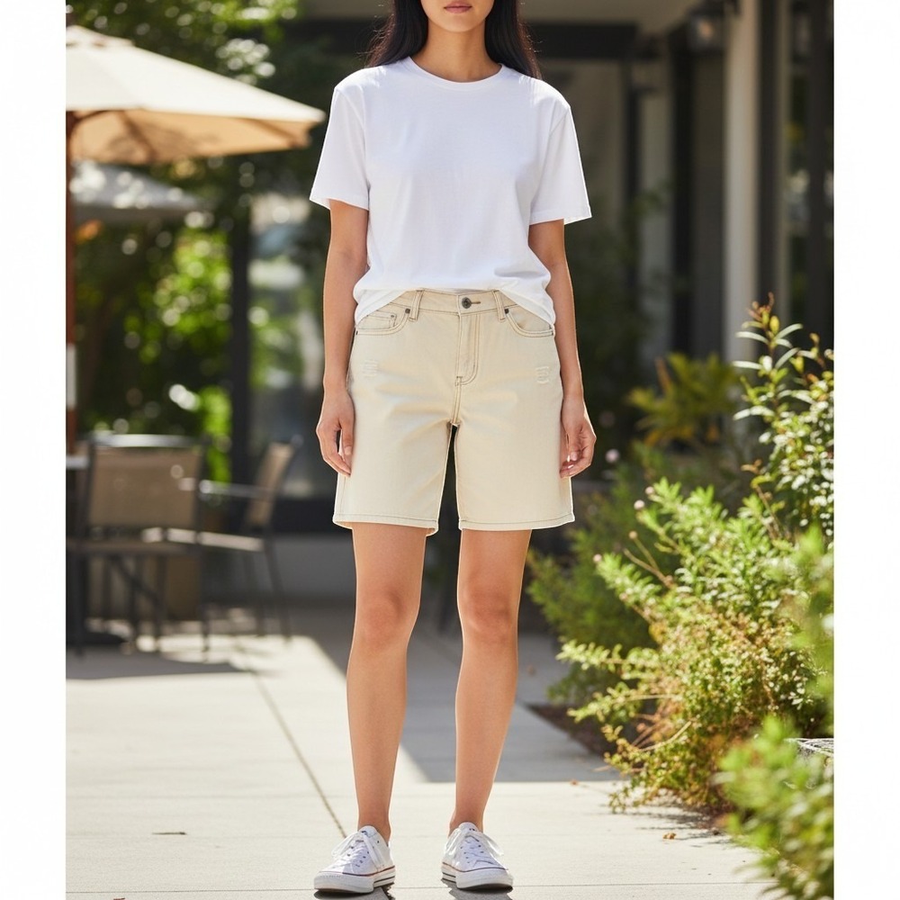 Cabi Jeans Women 10 Cream Off White Distressed Denim Shorts Stretch Style 5127
